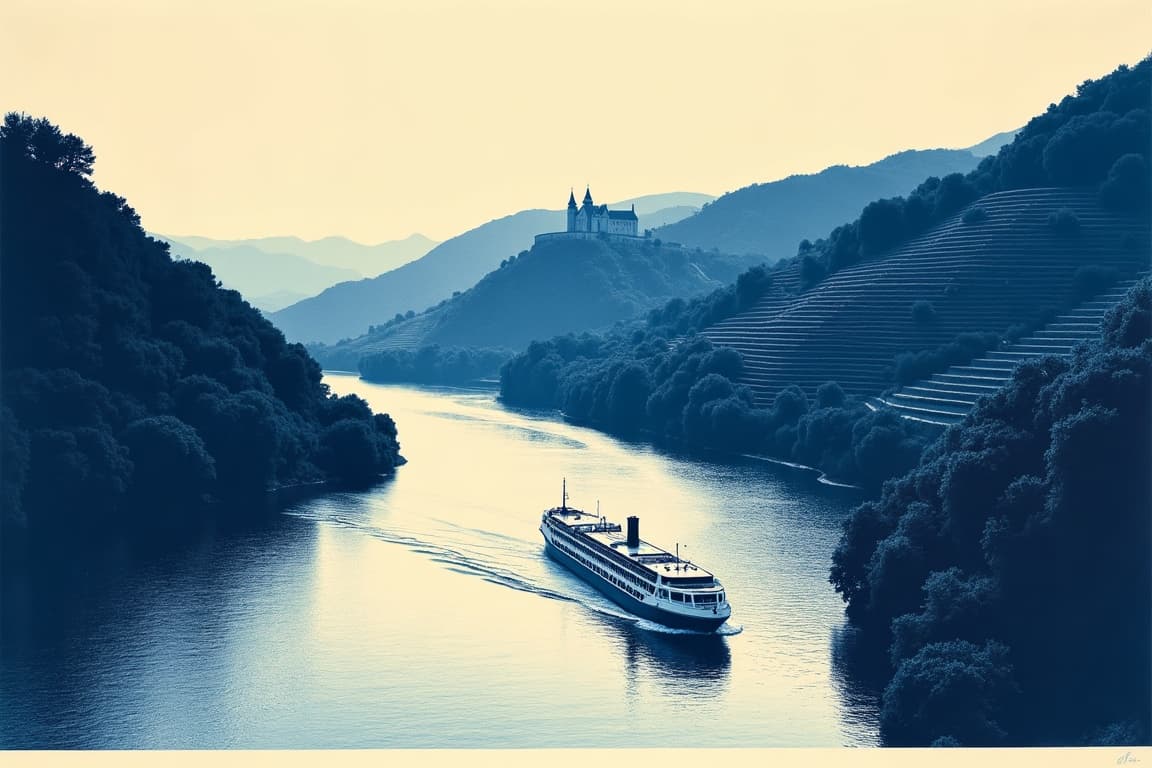 Two-ink print of a river cruise ship in the Rhine gorge, terraced vineyards and a castle above
